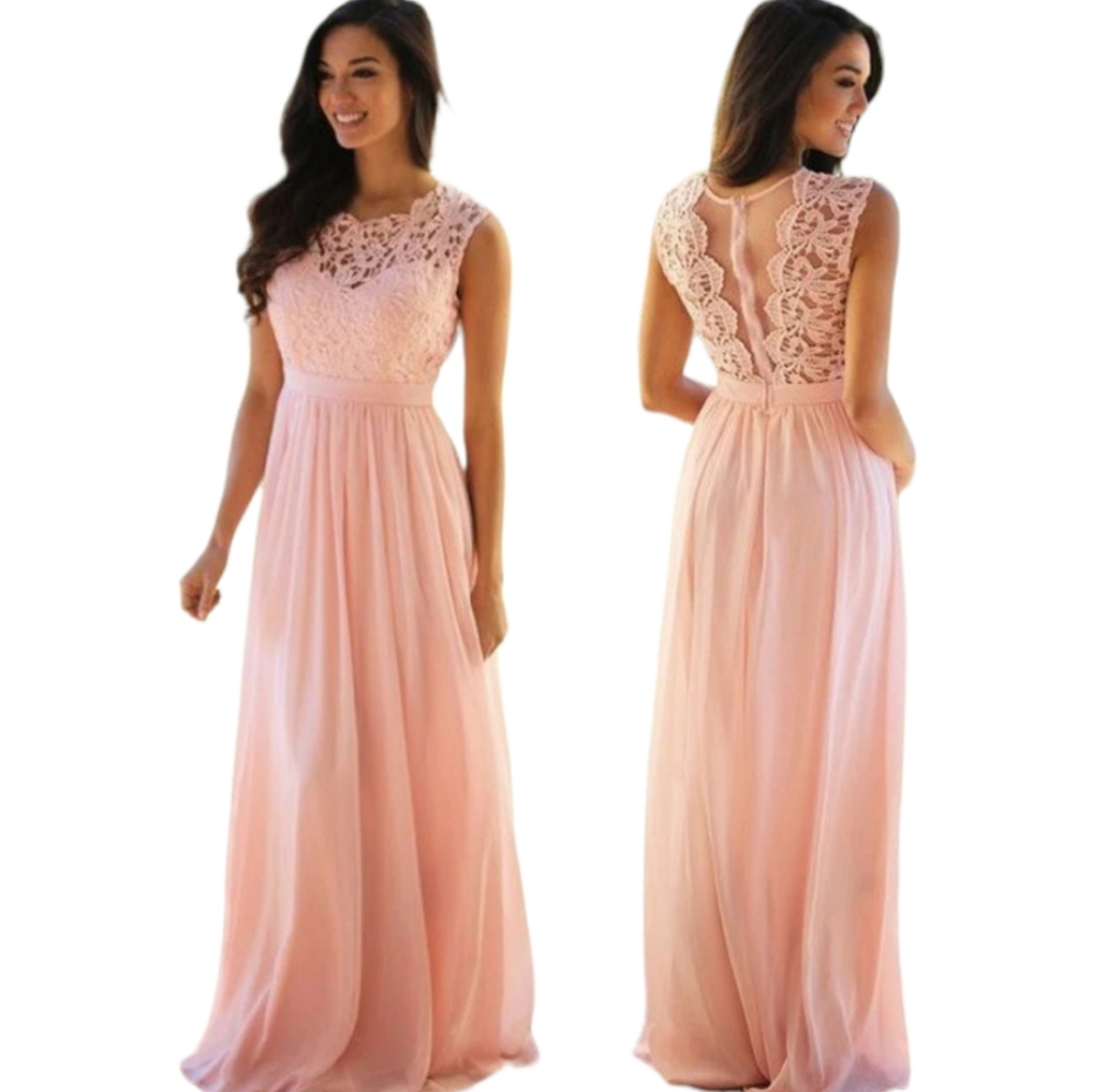 Sleeveless Pink Lace Maxi Dress with Chiffon Skirt